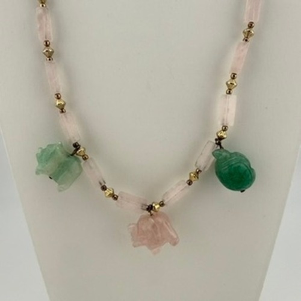 Gold Tone Necklace Carved Gemstone Animal Pig Elephant Turtle Rose Quartz Beaded
